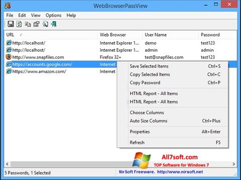 Posnetek zaslona WebBrowserPassView Windows 7