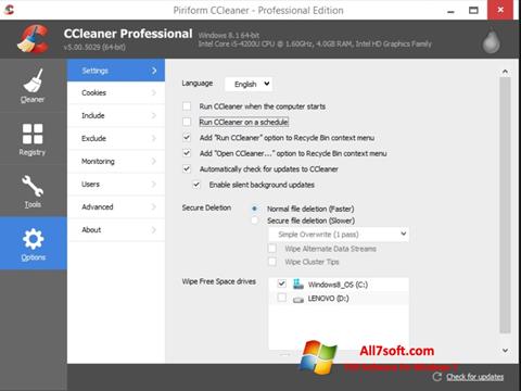 Posnetek zaslona CCleaner Windows 7