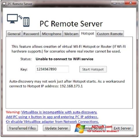 Posnetek zaslona PC Remote Server Windows 7