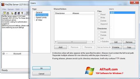 Posnetek zaslona FileZilla Server Windows 7