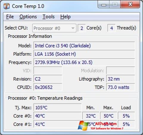 Posnetek zaslona Core Temp Windows 7