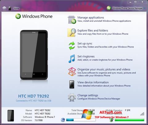 Posnetek zaslona Windows Phone Device Manager Windows 7
