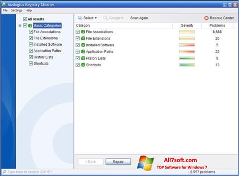 Posnetek zaslona Auslogics Registry Cleaner Windows 7