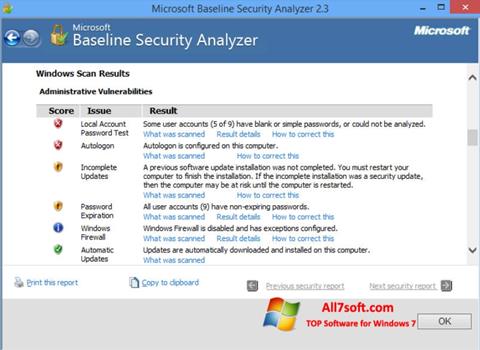 Posnetek zaslona Microsoft Baseline Security Analyzer Windows 7