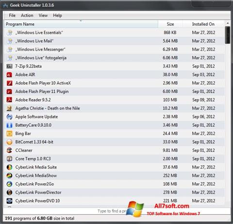 Posnetek zaslona Geek Uninstaller Windows 7