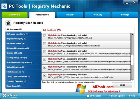Posnetek zaslona Registry Mechanic Windows 7