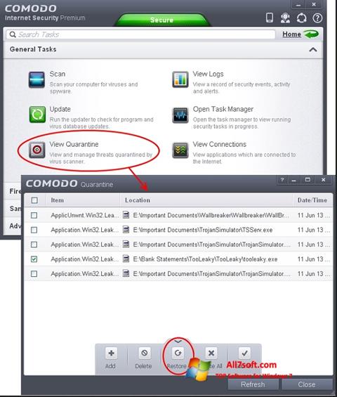 Posnetek zaslona Comodo Internet Security Windows 7