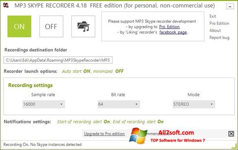 Posnetek zaslona MP3 Skype Recorder Windows 7
