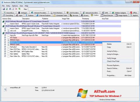 Posnetek zaslona AutoRuns Windows 7