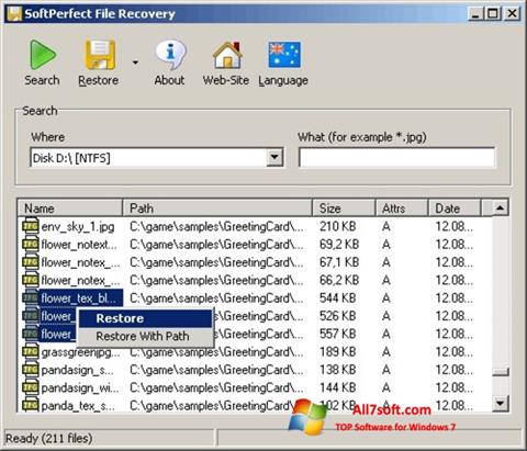 Posnetek zaslona SoftPerfect File Recovery Windows 7
